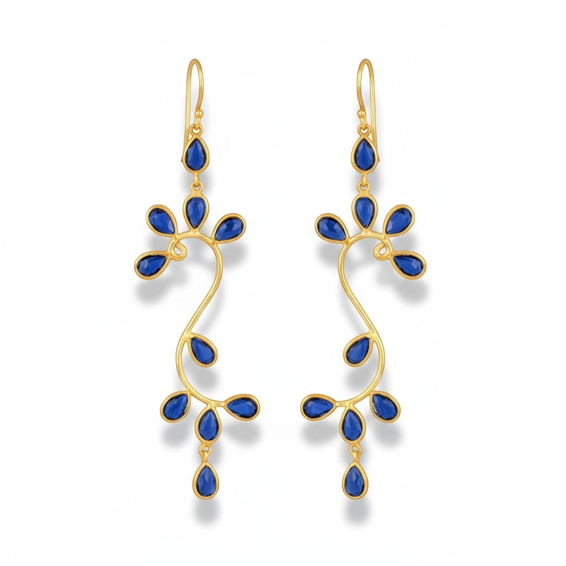 Tania Claire Australia Indigo Vine gold and blue sapphire statement drop earrings with vine motif.