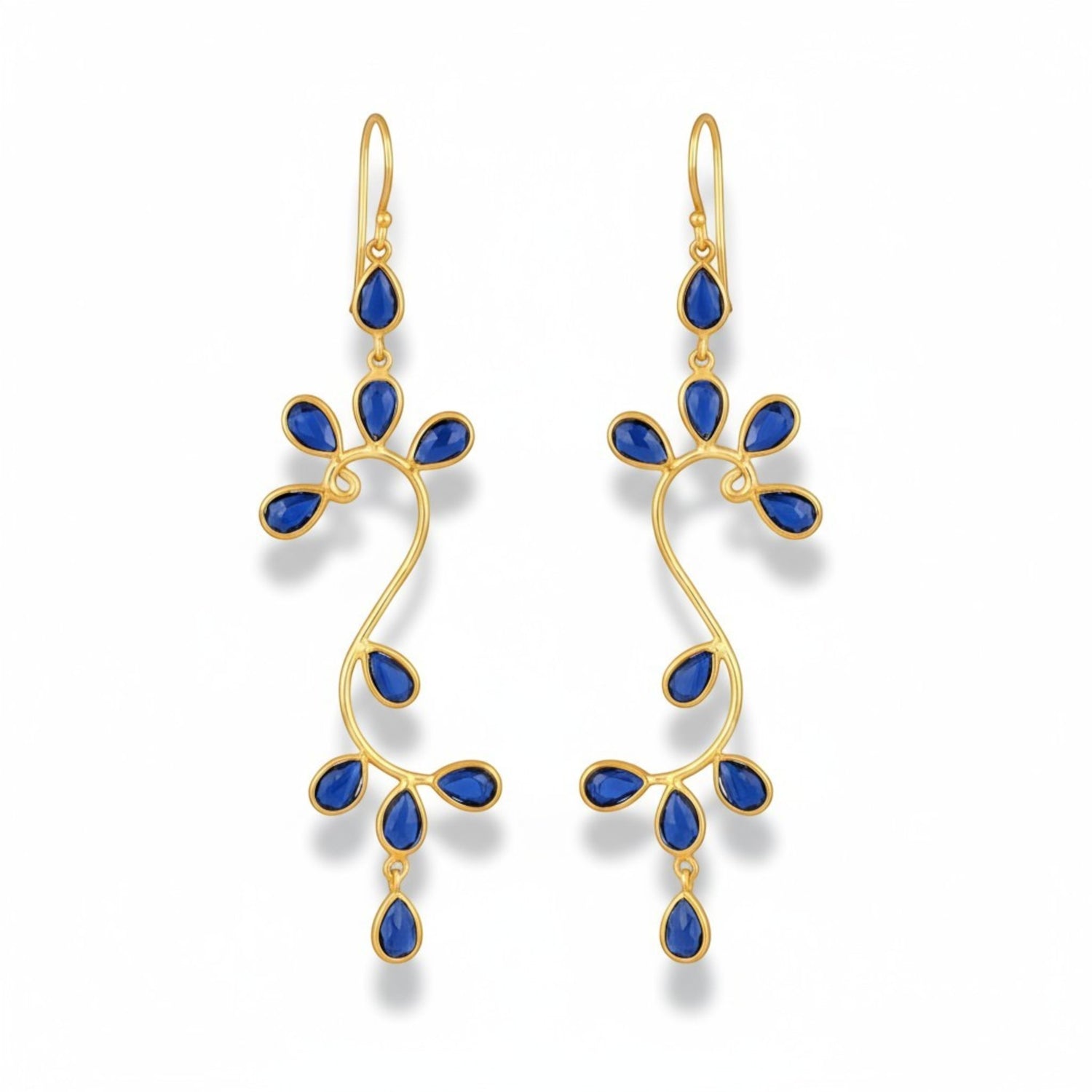 Tania Claire Australia Indigo Vine gold and blue sapphire statement drop earrings with vine motif.