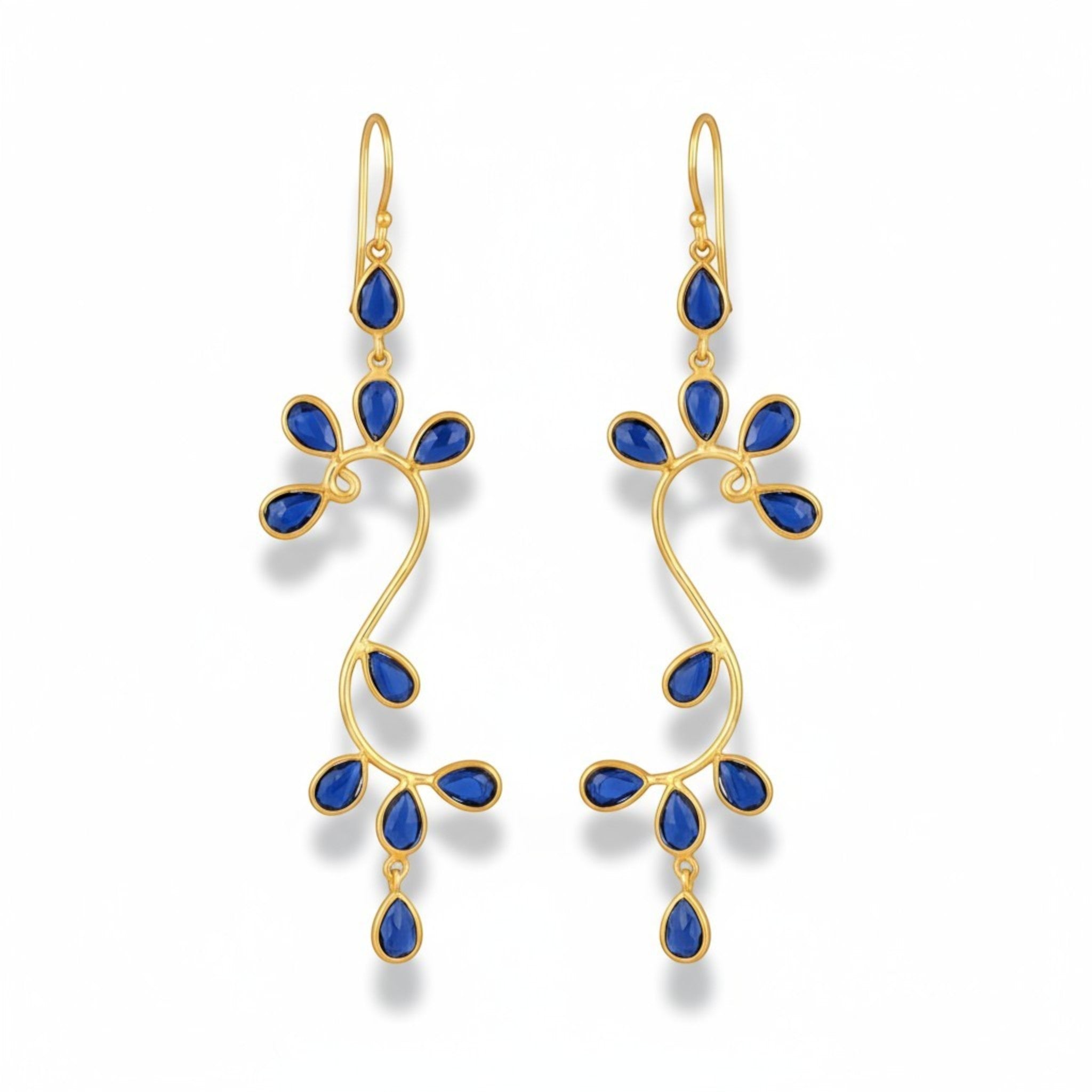 Tania Claire Australia Indigo Vine gold and blue sapphire statement drop earrings with vine motif.