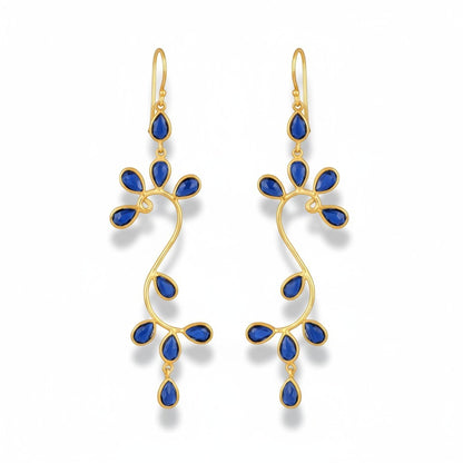Tania Claire Australia Indigo Vine gold and blue sapphire statement drop earrings with vine motif.