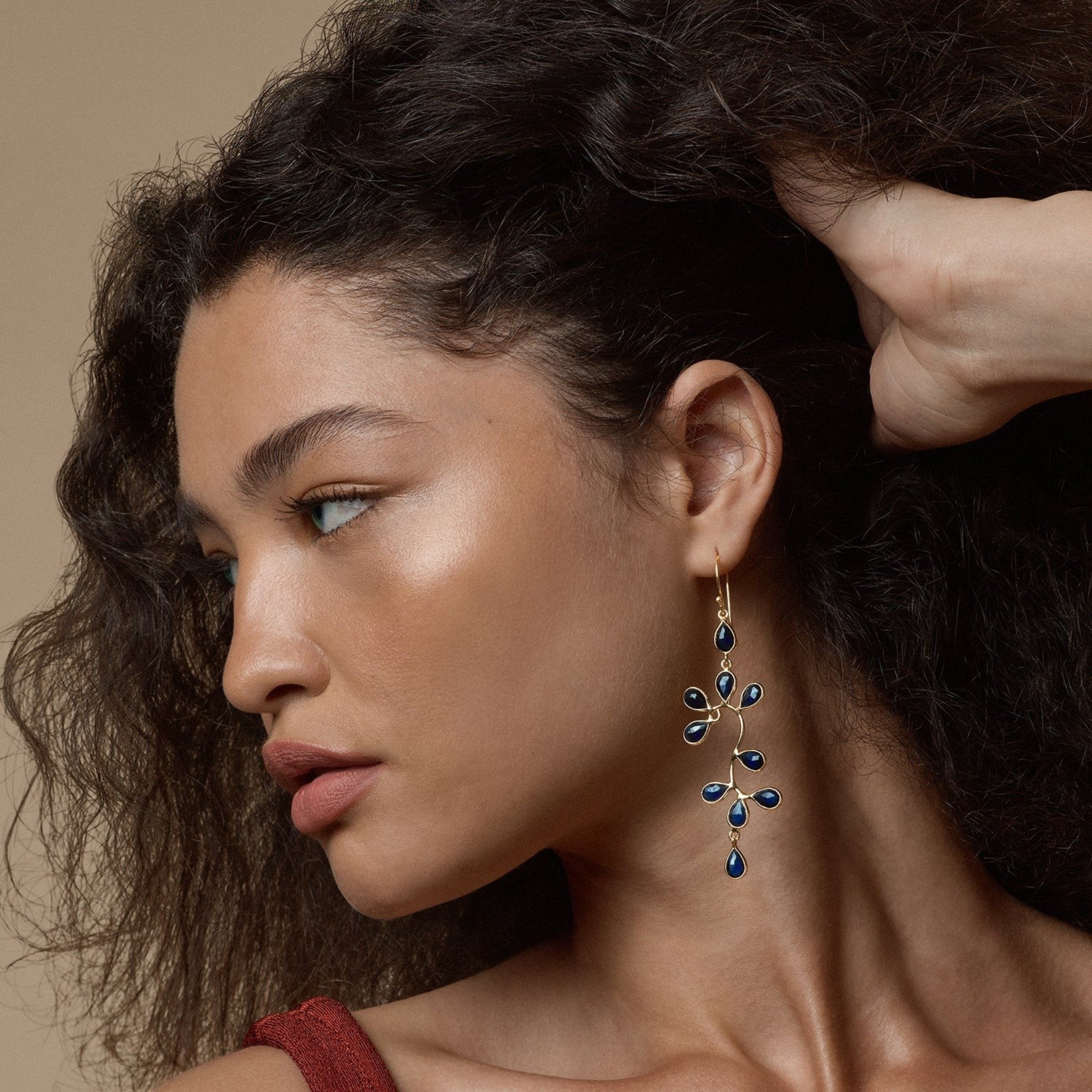 Tania Claire Australia Indigo Vine statement earrings with deep sapphire blue lapis stones and 18K gold plating.