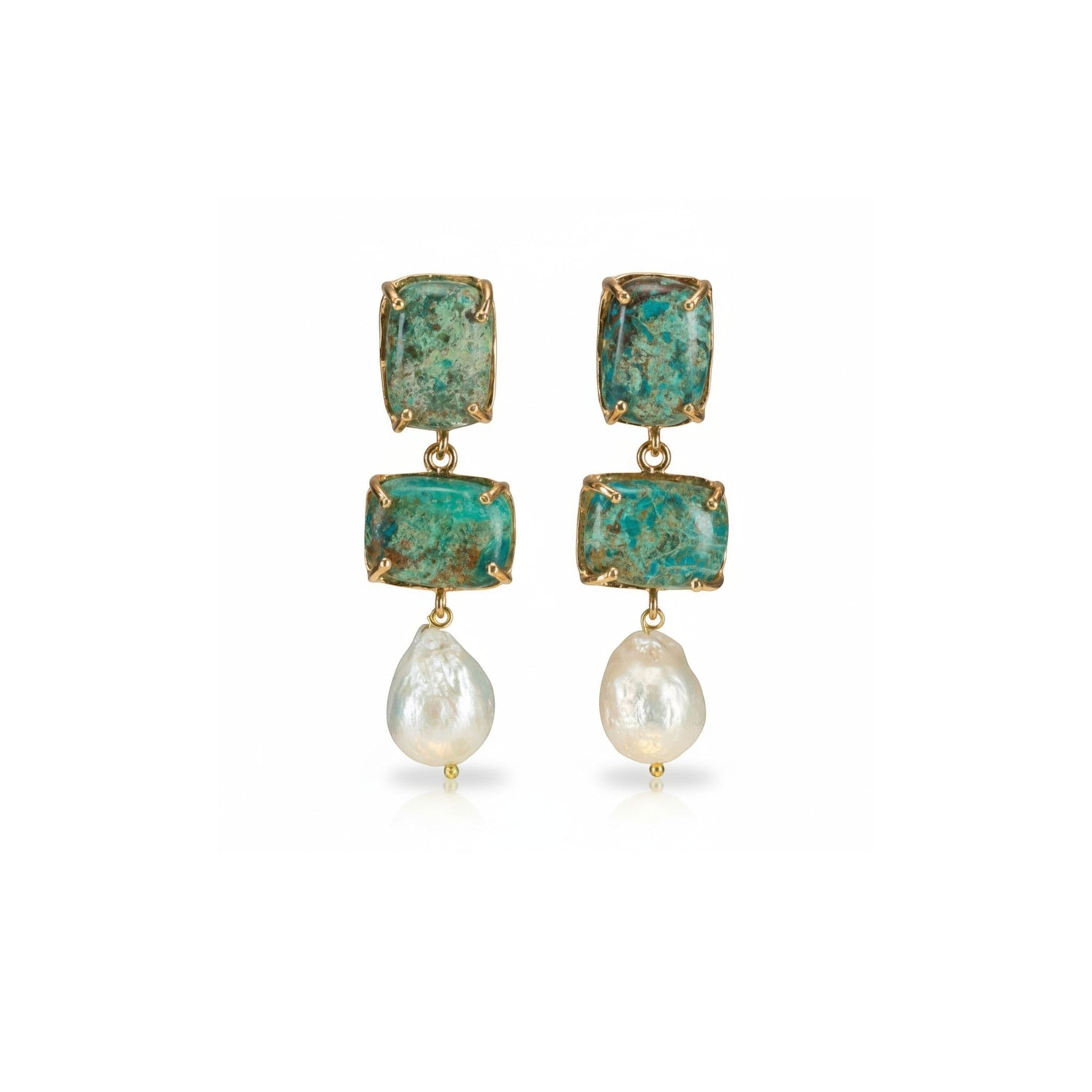 Tania Claire Australia Iris drop earrings featuring turquoise gemstones and baroque pearls in 24k gold-plated brass.