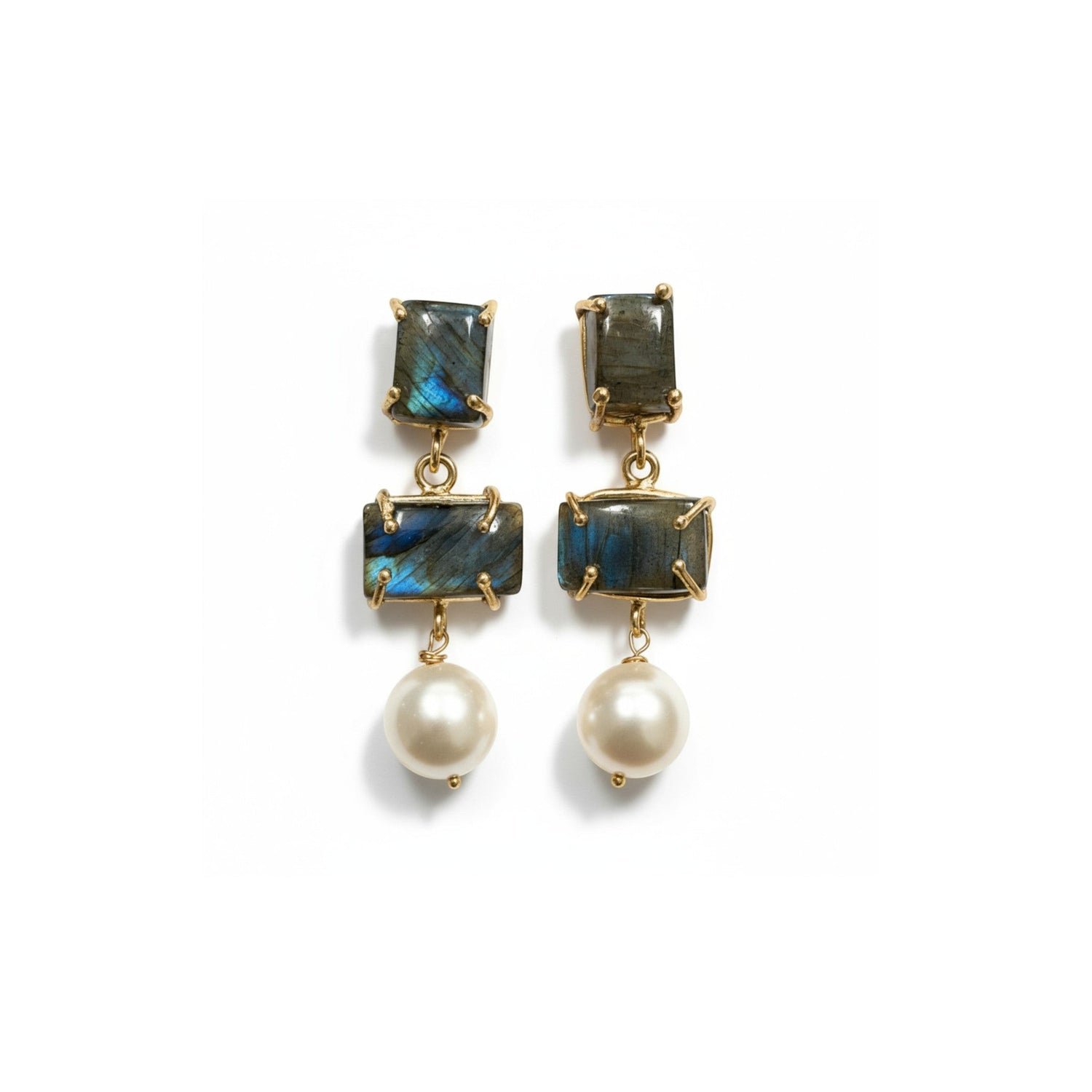Tania Claire Australia Iris drop earrings featuring rectangular labradorite gemstones and white baroque pearls in 24k gold