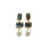 Tania Claire Australia Iris drop earrings featuring rectangular labradorite gemstones and white baroque pearls in 24k gold