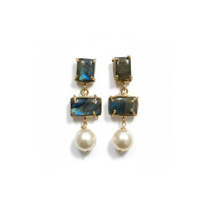 Tania Claire Australia Iris drop earrings featuring rectangular labradorite gemstones and white baroque pearls in 24k gold