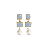 Tania Claire Australia Iris drop earrings with blue gemstones and white baroque pearls in 24k gold-plated brass.