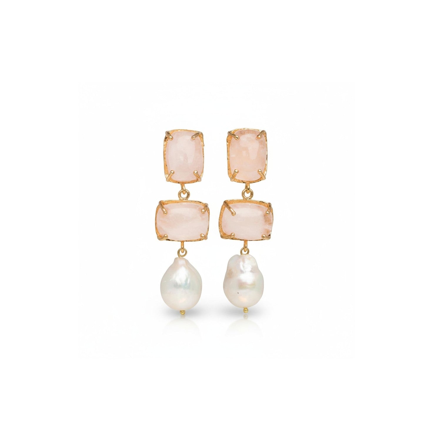 Tania Claire Australia Iris drop earrings featuring pink gemstones and white baroque pearls in 24k gold-plated brass.