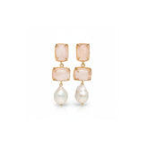 Tania Claire Australia Iris drop earrings featuring pink gemstones and white baroque pearls in 24k gold-plated brass.