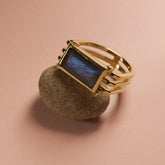 Tania Claire Australia Storm Bound ring with rectangular labradorite stone and 18K gold bands. Sterling silver.