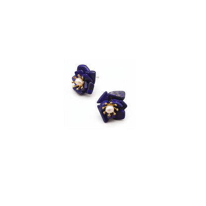 Tania Claire Australia Lapis Bloom floral stud earrings with pearls and gold accents.