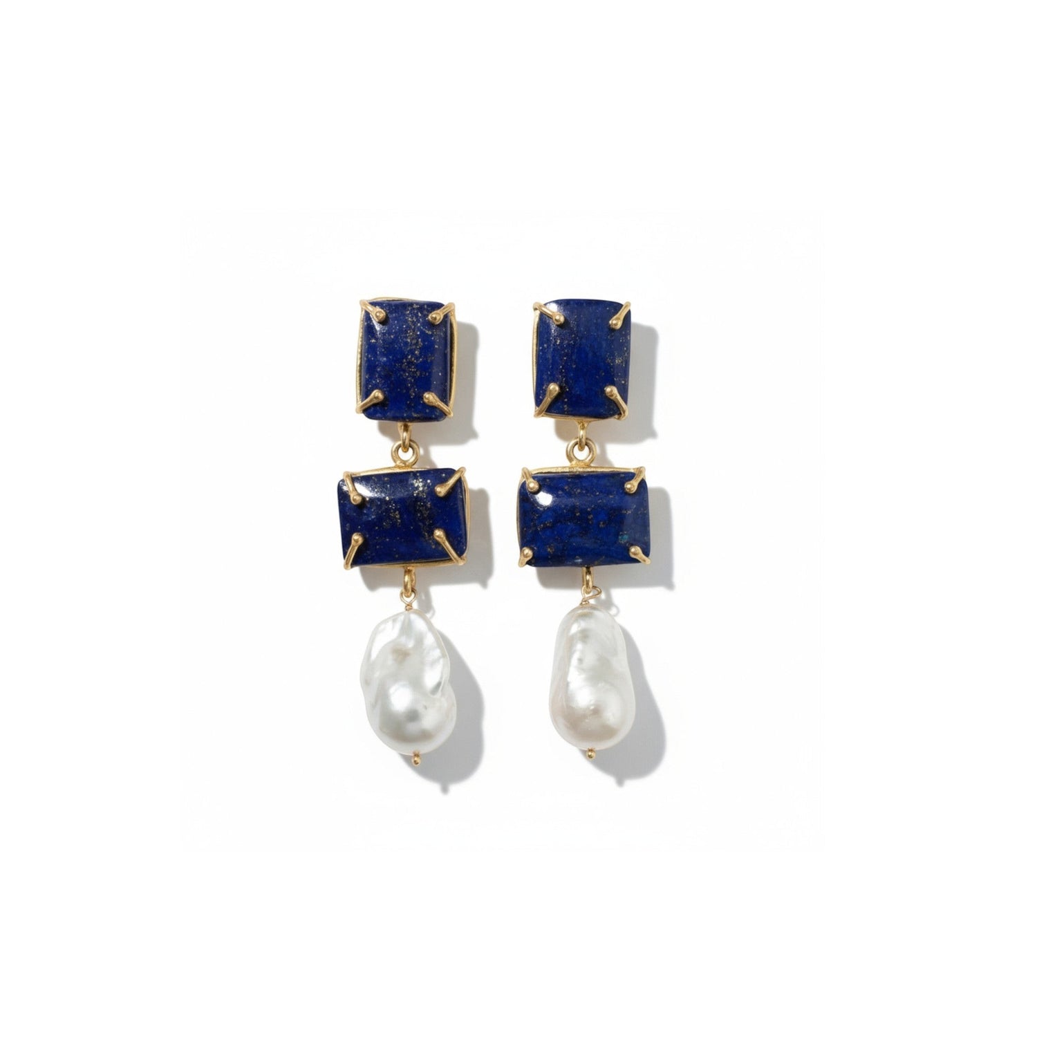 Tania Claire Australia Iris drop earrings featuring rectangular blue lapis gemstones and white baroque pearls in gold