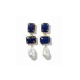 Tania Claire Australia Iris drop earrings featuring rectangular blue lapis gemstones and white baroque pearls in gold