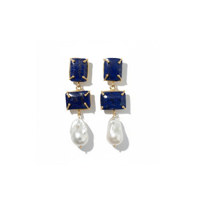 Tania Claire Australia Iris drop earrings featuring rectangular blue lapis gemstones and white baroque pearls in gold