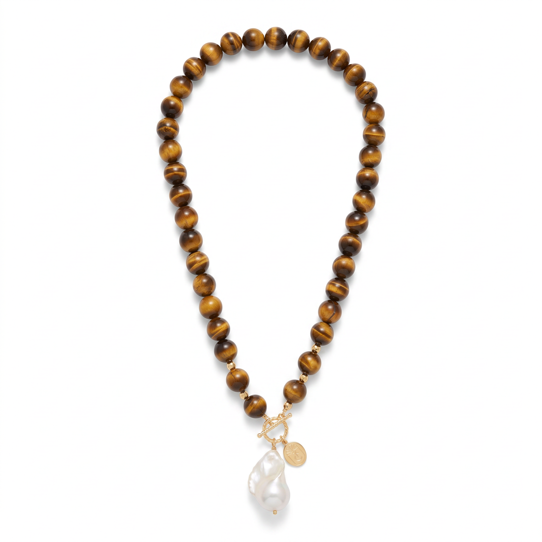Tania Claire Australia Leda necklace featuring banded tiger eye beads, a baroque freshwater pearl, and a toggle clasp.