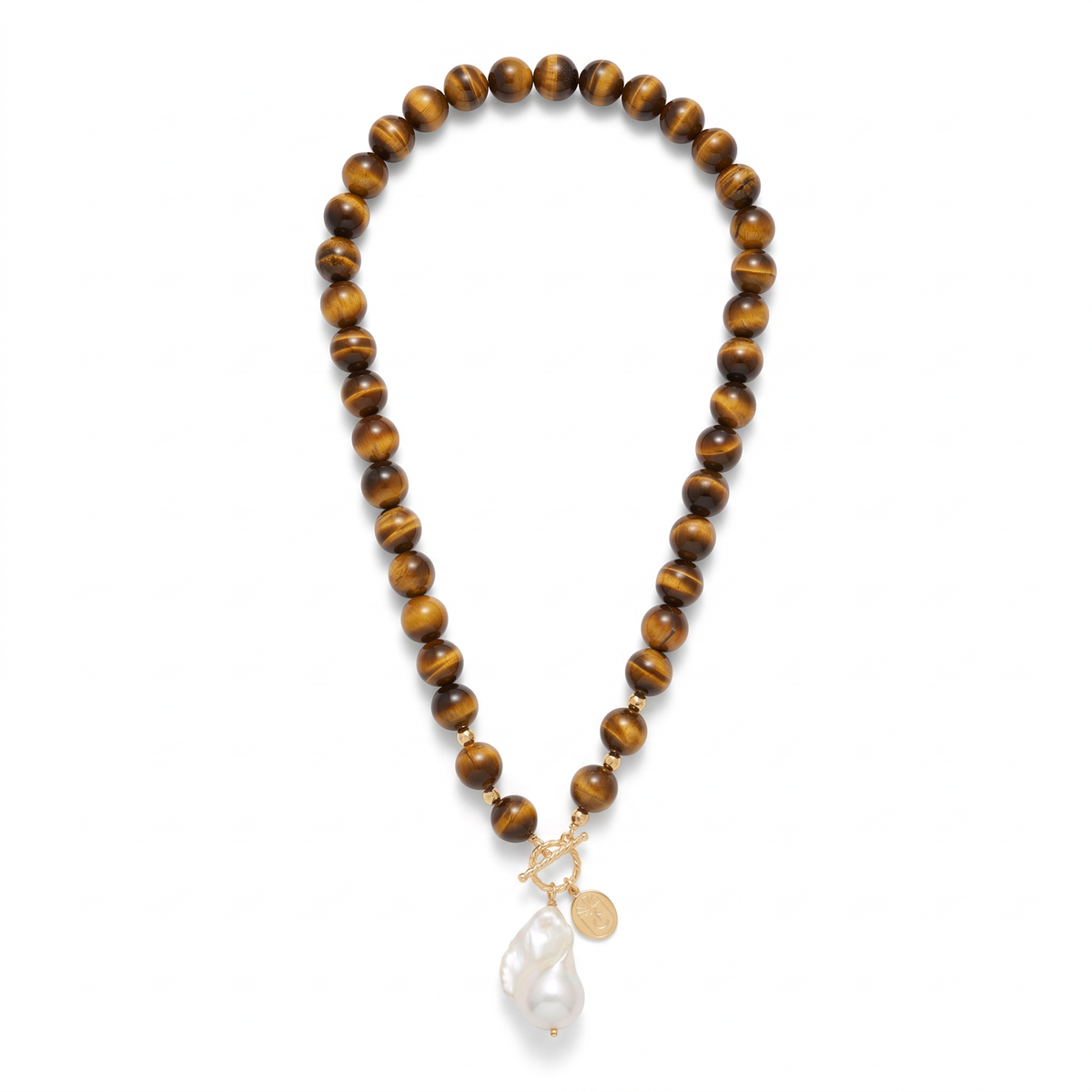 Tania Claire Australia Leda necklace featuring banded tiger eye beads, a baroque freshwater pearl, and a toggle clasp.