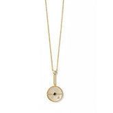 Tania Claire Australia 14K gold necklace with mother-of-pearl disc, sapphire, and diamond accents.