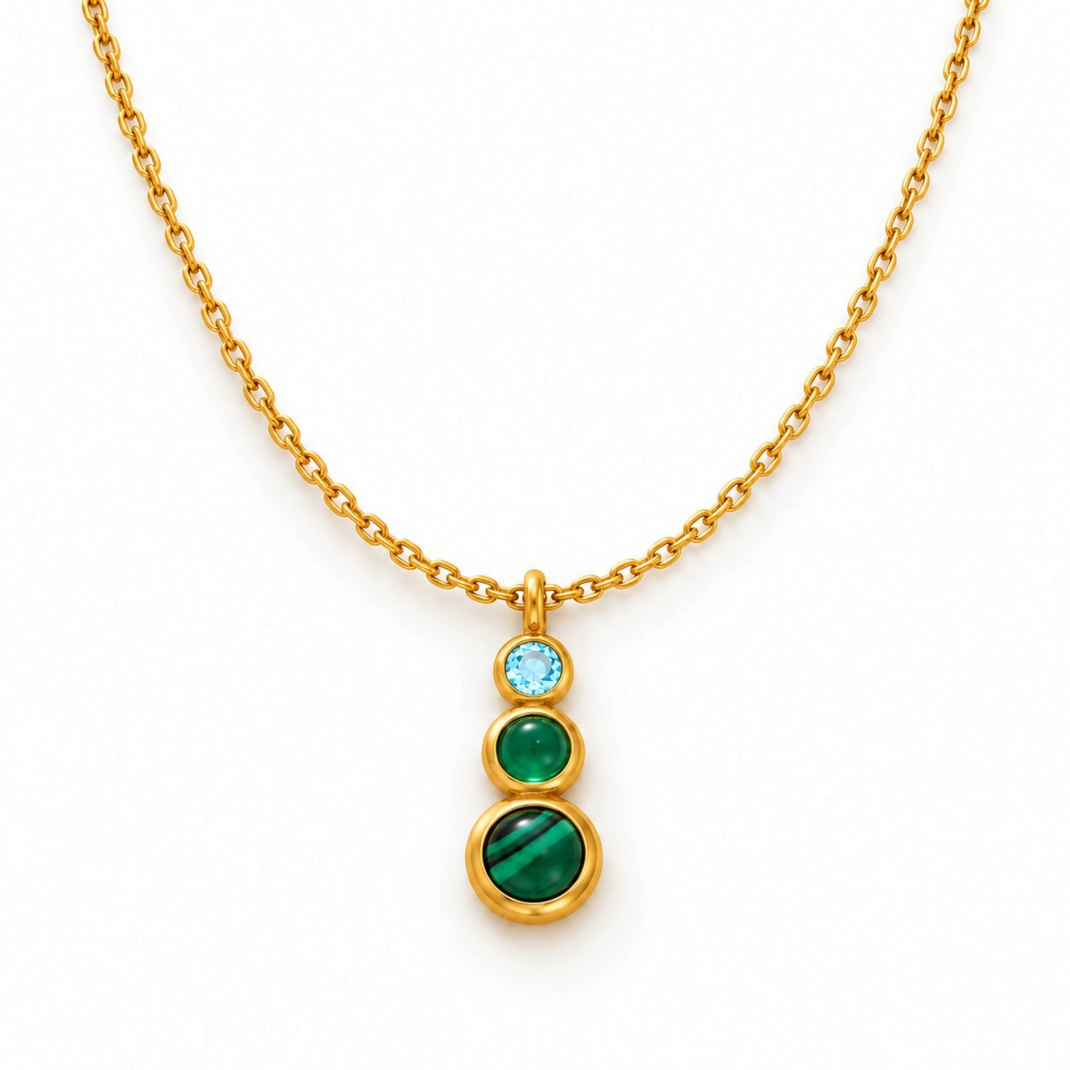 Tania Claire Australia Waymark Cairn drop necklace featuring blue topaz, green jade, and malachite in gold bezels.