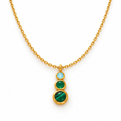 Tania Claire Australia Waymark Cairn drop necklace featuring blue topaz, green jade, and malachite in gold bezels.