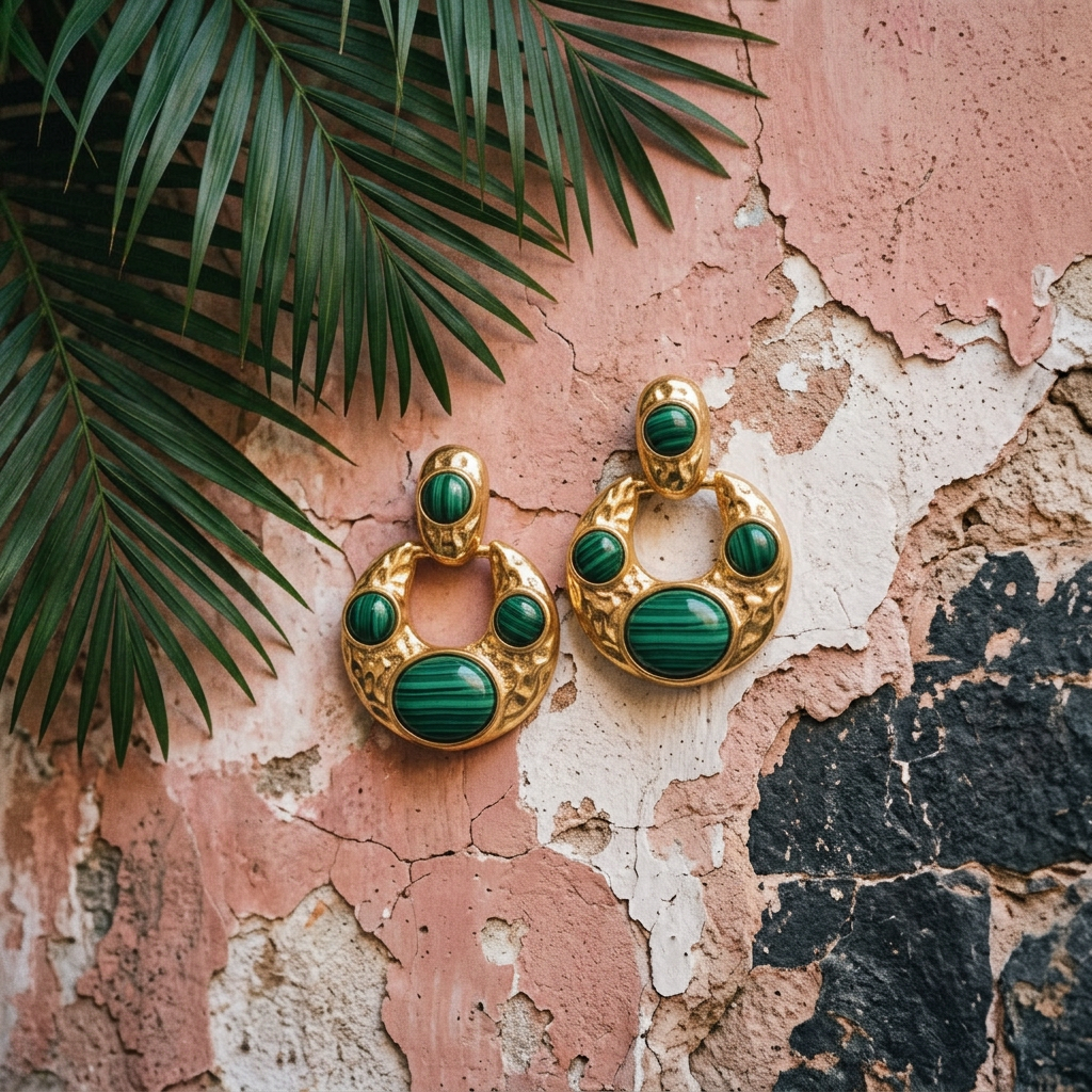 Tania Claire Australia hammered gold crescent hoop earrings with banded green malachite cabochon stones.