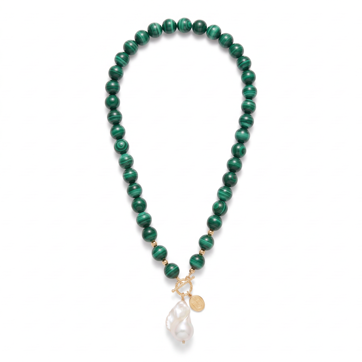 Tania Claire Australia Demeter necklace featuring green malachite beads, a baroque pearl, and a gold toggle clasp.