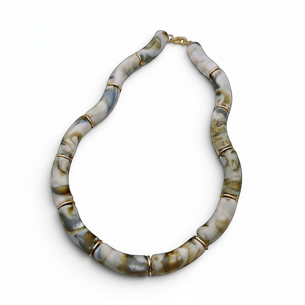 Tania Claire Australia Mia resin statement necklace featuring marbled grey and gold beads with gold-tone spacers.