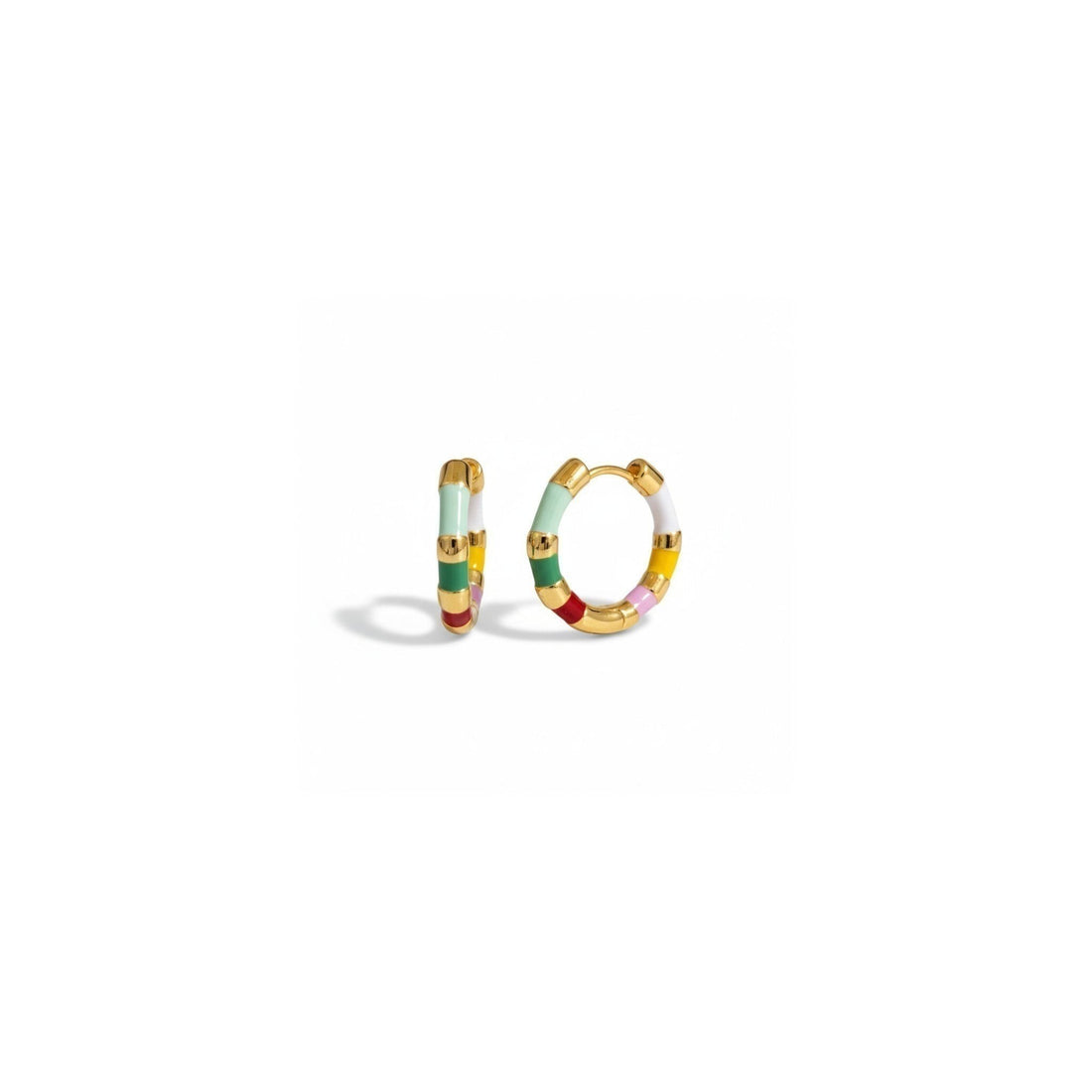 Tania Claire Australia Mini Confetti gold-plated hoop earrings with colorful striped enamel design.