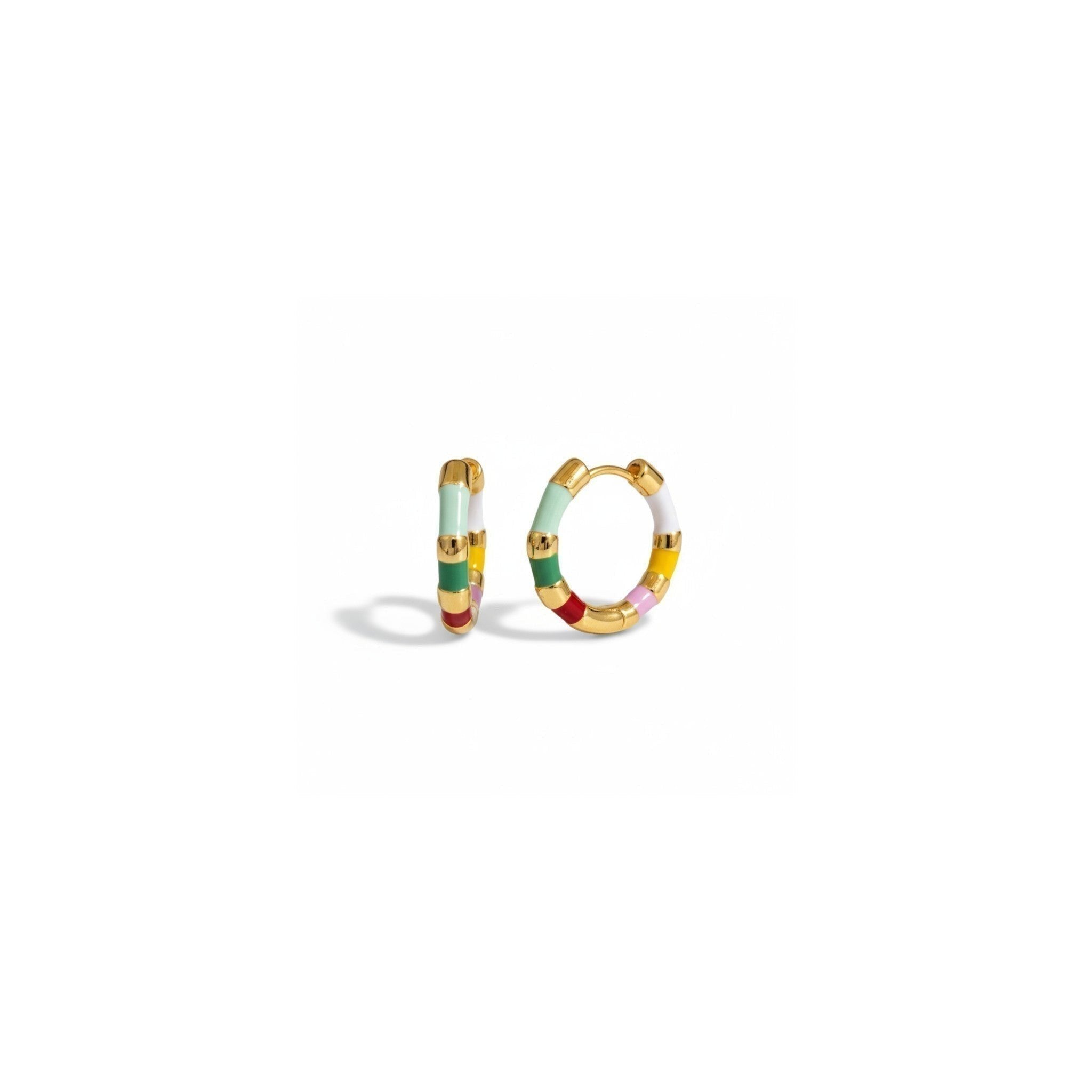 Tania Claire Australia Mini Confetti gold-plated hoop earrings with colorful striped enamel design.