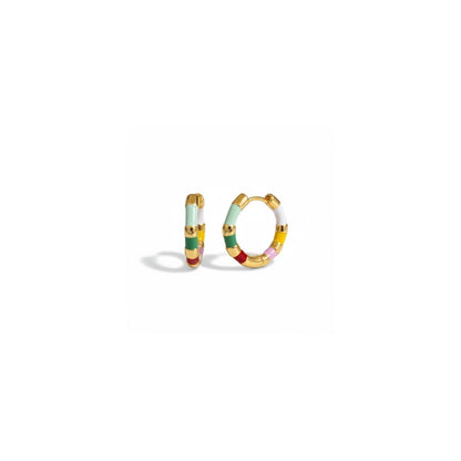 Tania Claire Australia Mini Confetti gold-plated hoop earrings with colorful striped enamel design.