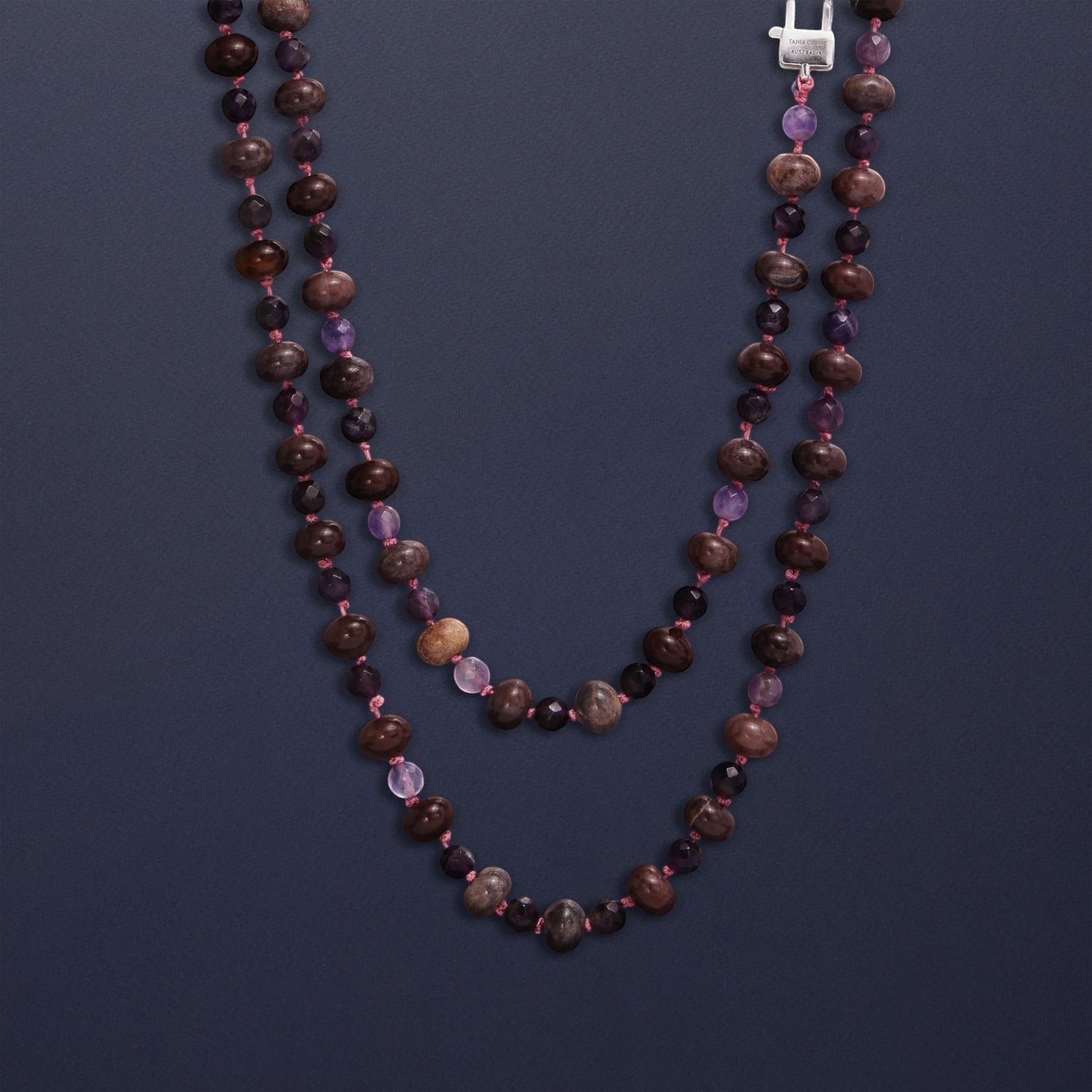 Tania Claire Australia Montmartre Twilight Necklace: Hand-strung earthy gemstones and amethyst beads with matte and faceted finishes.