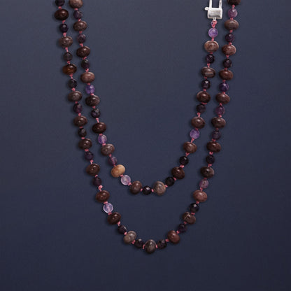 Tania Claire Australia Montmartre Twilight Necklace: Hand-strung earthy gemstones and amethyst beads with matte and faceted finishes.
