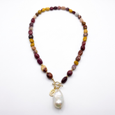 Tania Claire Australia Terra Lustre necklace featuring multicolored Mookaite jasper beads and a baroque pearl pendant.