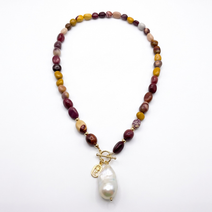 Tania Claire Australia Terra Lustre necklace featuring multicolored Mookaite jasper beads and a baroque pearl pendant.