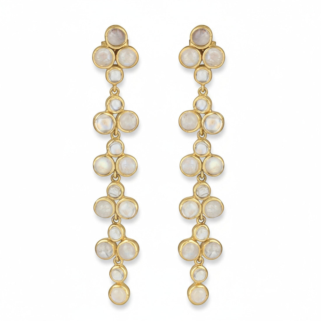 Tania Claire Australia Moonfall Earrings: 22K gold plated sterling silver drop earrings with rainbow moonstones.