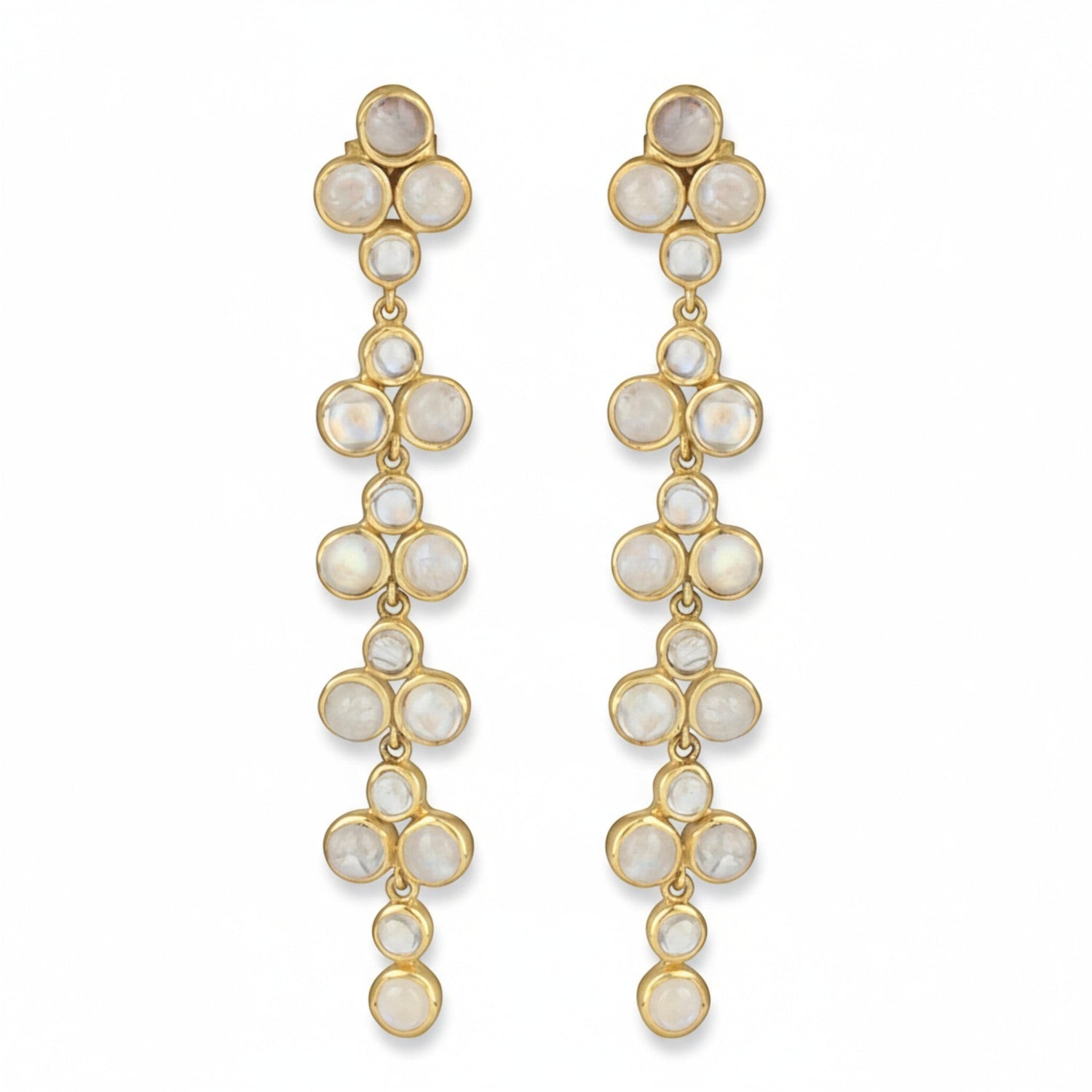 Tania Claire Australia Moonfall Earrings: 22K gold plated sterling silver drop earrings with rainbow moonstones.