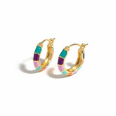 Tania Claire Australia gold-tone hoop earrings with colorful mosaic enamel in teal, purple, pink, coral, and blue.