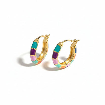 Tania Claire Australia gold-tone hoop earrings with colorful mosaic enamel in teal, purple, pink, coral, and blue.