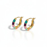 Tania Claire Australia gold-tone hoop earrings with colorful mosaic enamel geometric pattern in teal, purple, pink, coral, and blue.