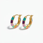 Tania Claire Australia Mosaic Joy Hoops: gold-plated brass hoops with colourful teal, violet, blush, and orange enamel tiles.