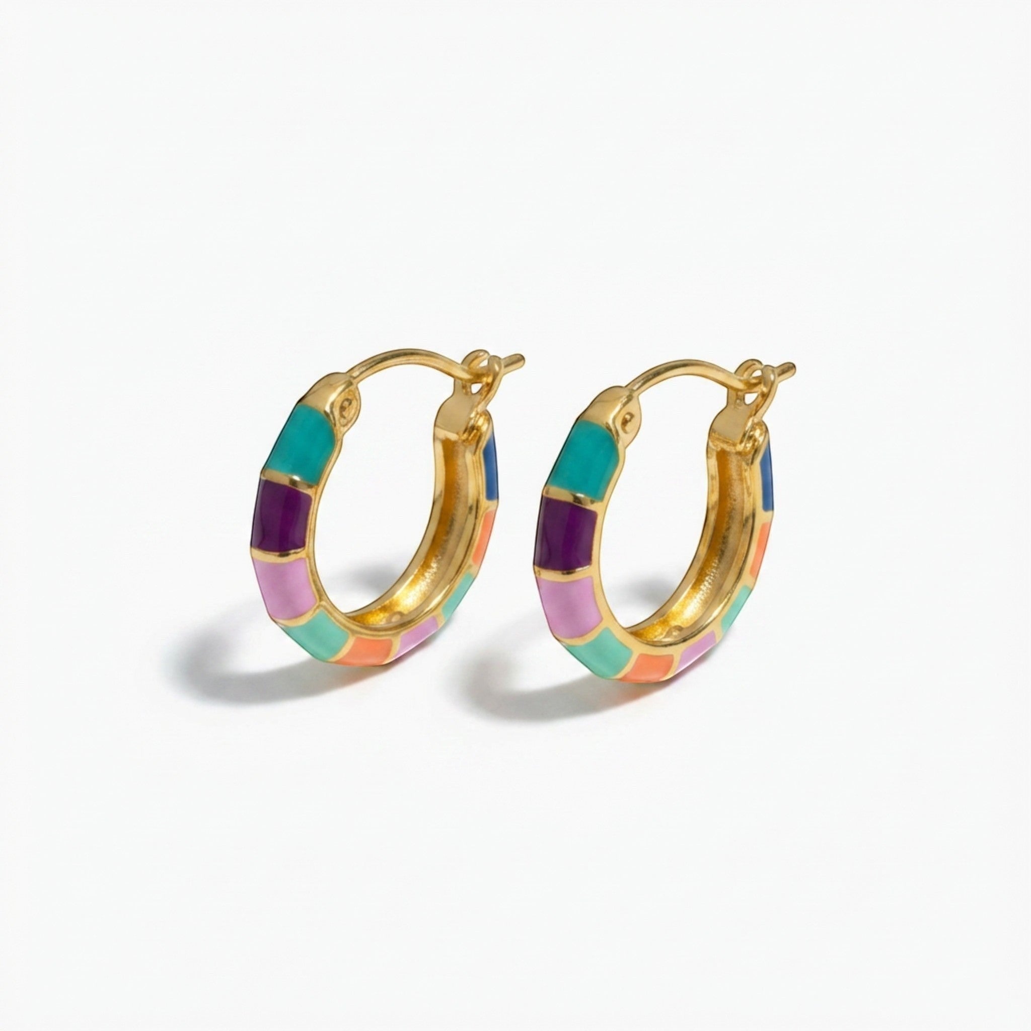 Tania Claire Australia Mosaic Joy Hoops: gold-plated brass hoops with colourful teal, violet, blush, and orange enamel tiles.