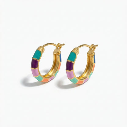 Tania Claire Australia Mosaic Joy Hoops: gold-plated brass hoops with colourful teal, violet, blush, and orange enamel tiles.