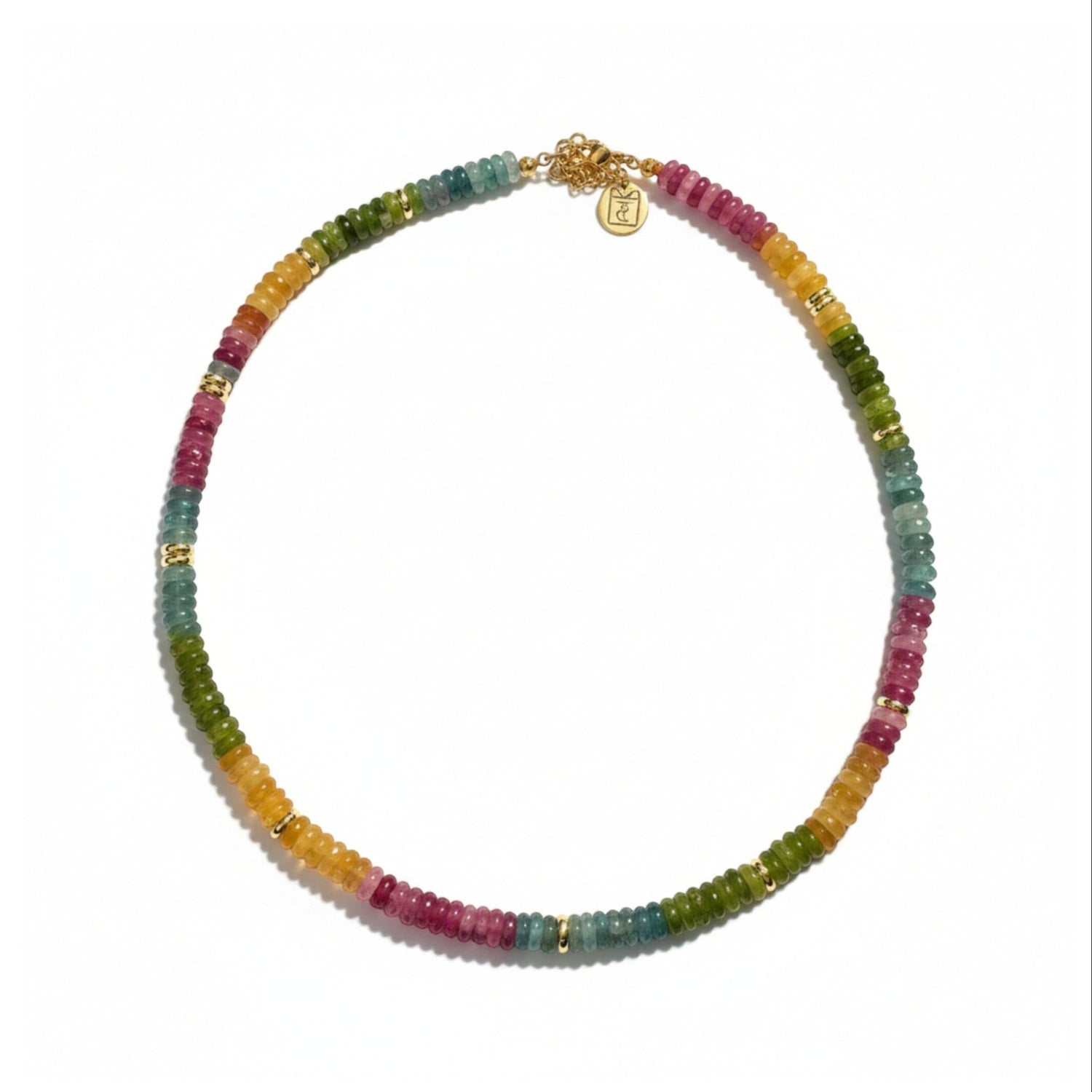 Tania Claire Australia multi-gemstone beaded necklace with gold accents, featuring pink, yellow, green, and blue stones.