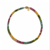 Tania Claire Australia multi-gemstone beaded necklace with gold accents, featuring pink, yellow, green, and blue stones.
