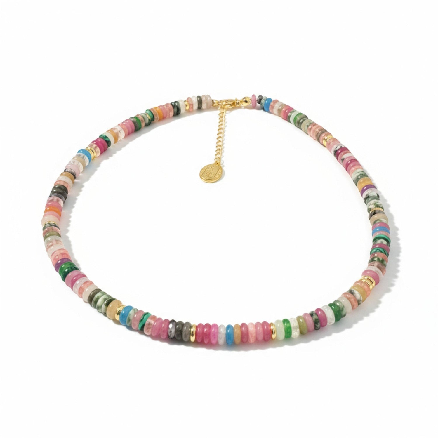 Tania Claire Australia multi-gemstone beaded necklace with gold extender chain. Features pink, green, blue, and neutral stones.