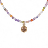 Tania Claire Australia Prism Bloom necklace featuring multicoloured beads and a petite gold-toned round pendant.