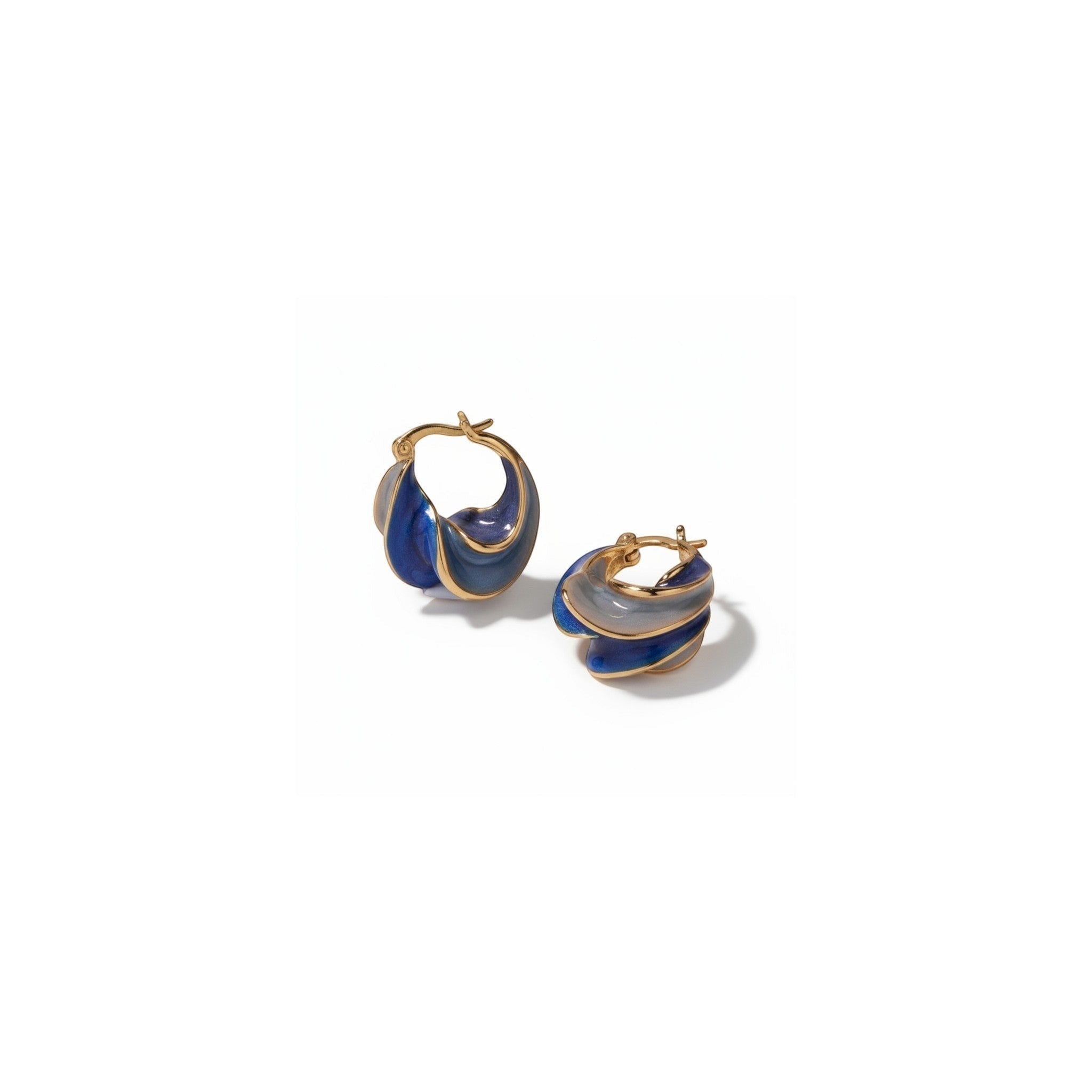 Tania Claire Australia Nerissa gold hoop earrings with swirling blue and grey enamel, 23mm x 13mm.