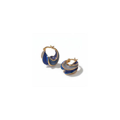 Tania Claire Australia Nerissa gold hoop earrings with swirling blue and grey enamel, 23mm x 13mm.