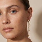 Tania Claire Australia Ondine Earrings: gold hoops with dangling freshwater pearls, 5cm length.