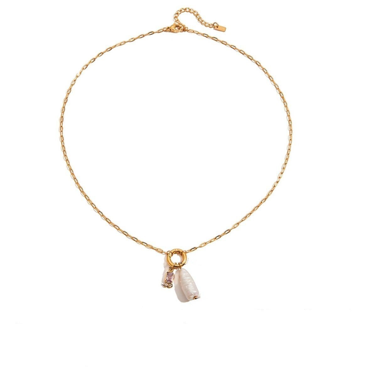 Tania Claire Australia gold-plated stainless steel necklace featuring a lustrous pearl and a pink birthstone charm.