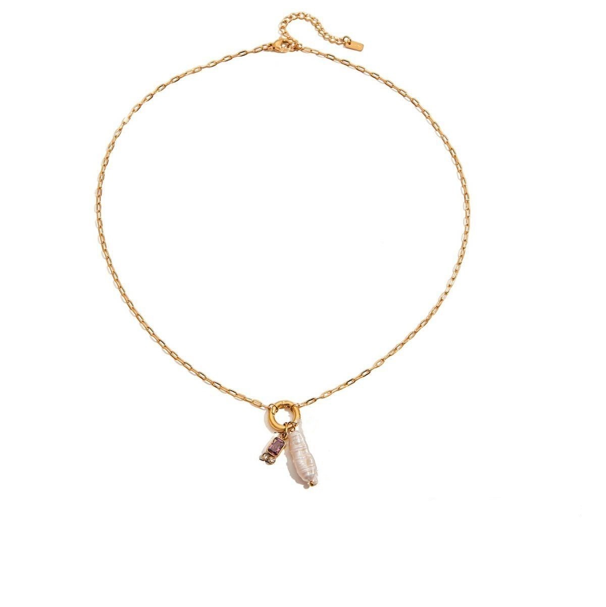 Tania Claire Australia gold plated stainless steel necklace featuring a lustrous pearl and purple birthstone charm.