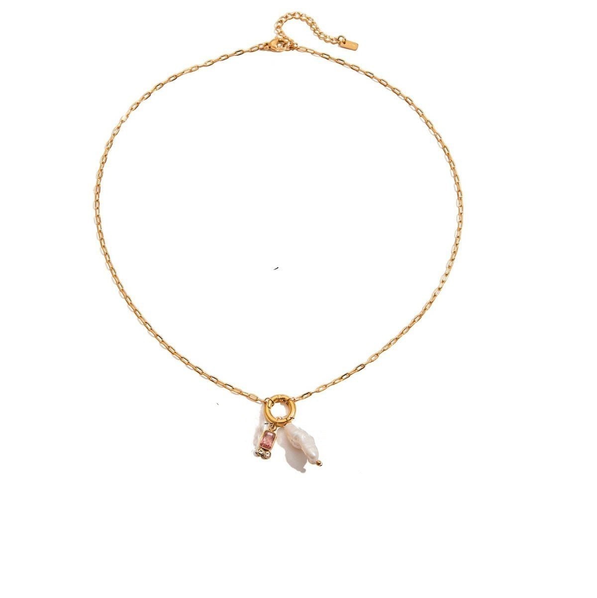 Tania Claire Australia gold-plated stainless steel necklace featuring a lustrous pearl and a pink birthstone charm.